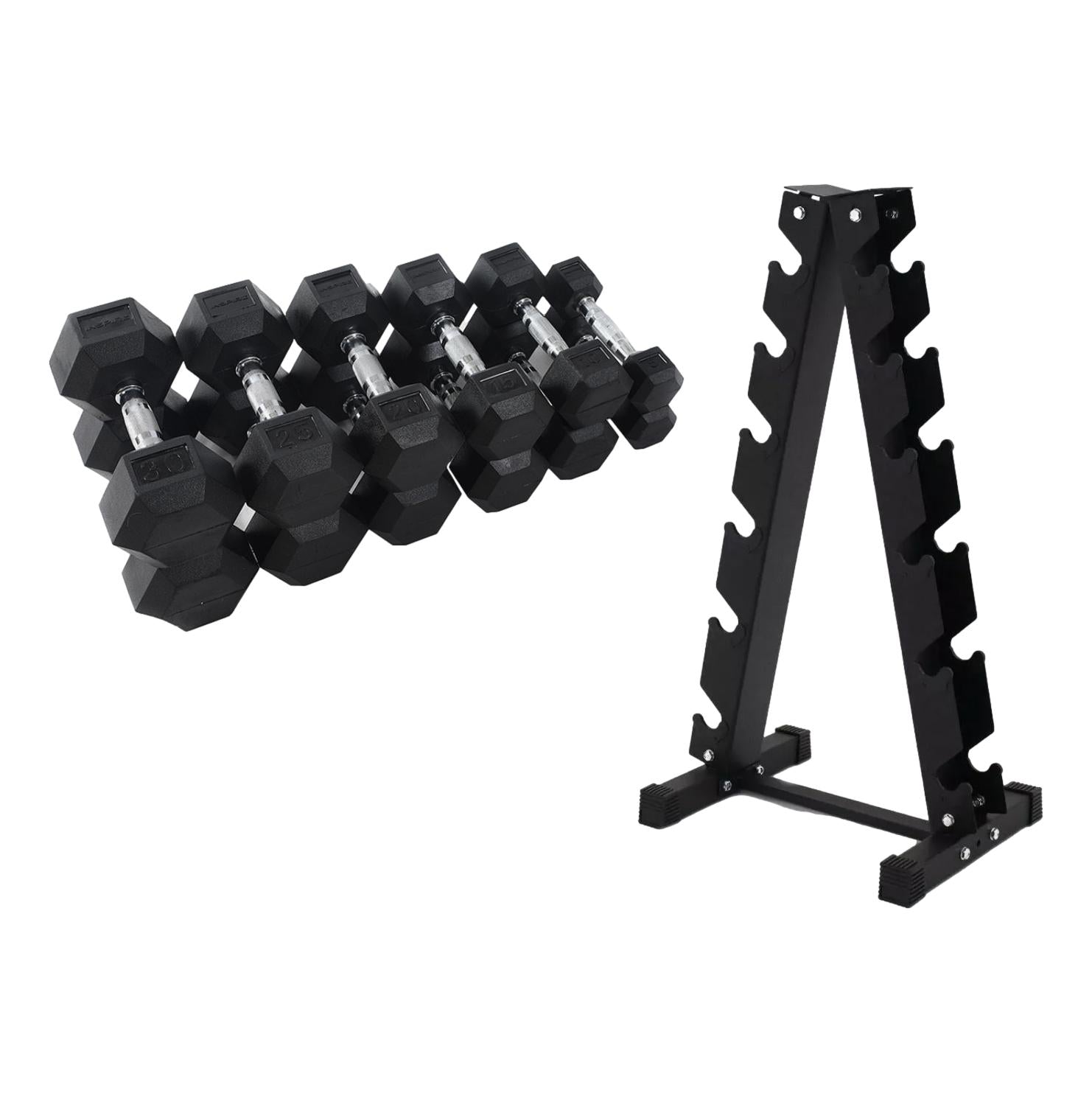 2.5kg - 15kg Hex Dumbbells Set with A-Frame Dumbbell Rack
